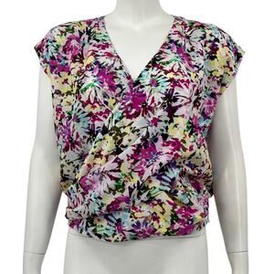 Cabi Top Womens Small Eden Wrap Purple Yellow Flower Garden Pop Floral Bloomcore